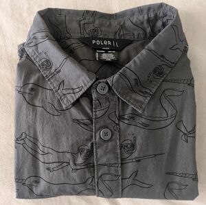 Poler Men's Large L Button Down Shirt in Charcoal Narwhal Spearfisher Print